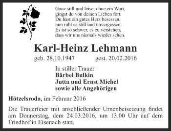 Traueranzeige von Karl-Heinz Lehmann von Thüringer Allgemeine, Thüringische Landeszeitung