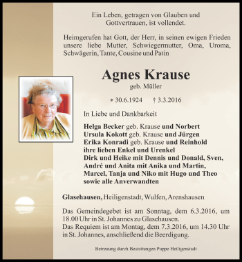 Traueranzeige von Agnes Krause von Thüringer Allgemeine