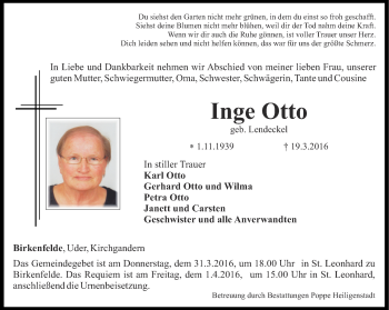 Traueranzeige von Inge Otto von Thüringer Allgemeine