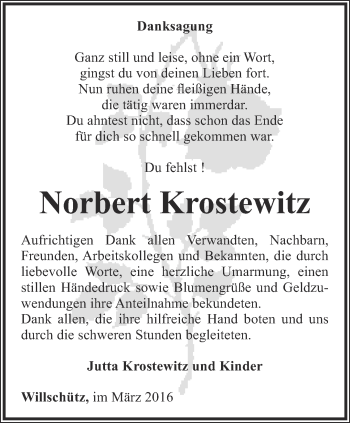 Traueranzeige von Norbert Krostewitz von Ostthüringer Zeitung