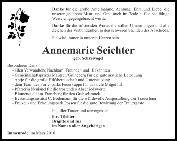 Traueranzeige von Annemarie Seichter von Thüringer Allgemeine