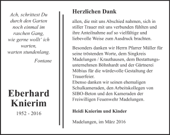 Traueranzeige von Eberhard Knierim von Thüringer Allgemeine, Thüringische Landeszeitung