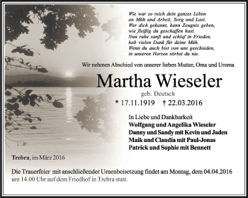 Traueranzeige von Martha Wieseler von Thüringer Allgemeine