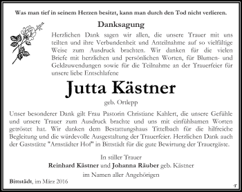 Traueranzeige von Jutta Kästner von Thüringer Allgemeine