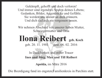 Traueranzeige von Ilona Reibert von Thüringer Allgemeine, Thüringische Landeszeitung
