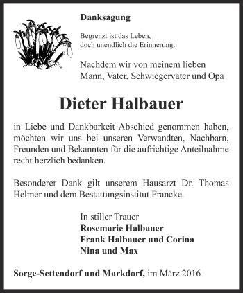 Traueranzeige von Dieter Halbauer von Ostthüringer Zeitung