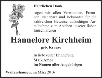 Traueranzeige von Hannelore Kirchheim von Ostthüringer Zeitung, Thüringische Landeszeitung