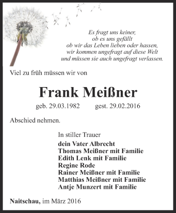 Traueranzeige von Frank Meißner von Ostthüringer Zeitung