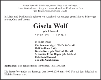 Traueranzeige von Gisela Wolf von Thüringer Allgemeine, Thüringische Landeszeitung