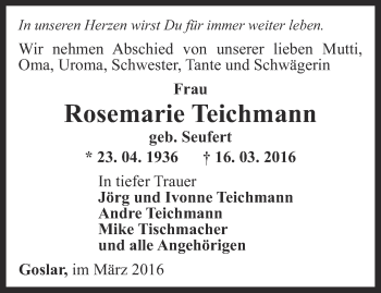 Traueranzeige von Rosemarie Teichmann von Ostthüringer Zeitung