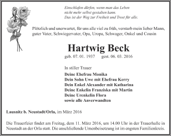 Traueranzeige von Hartwig Beck von Ostthüringer Zeitung