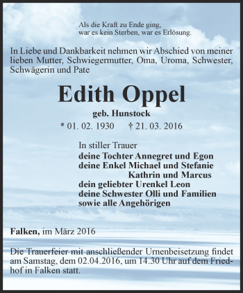 Traueranzeige von Edith Oppel von Thüringer Allgemeine, Thüringische Landeszeitung