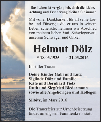 Traueranzeige von Helmut Dölz von Ostthüringer Zeitung