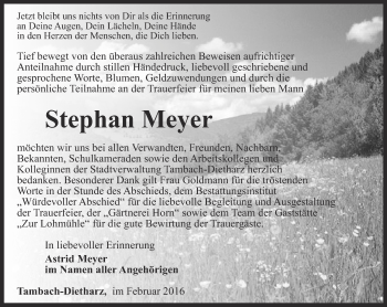 Traueranzeige von Stephan Meyer von Ostthüringer Zeitung, Thüringische Landeszeitung