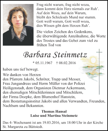 Traueranzeige von Barbara Steinmetz von Thüringer Allgemeine, Thüringische Landeszeitung