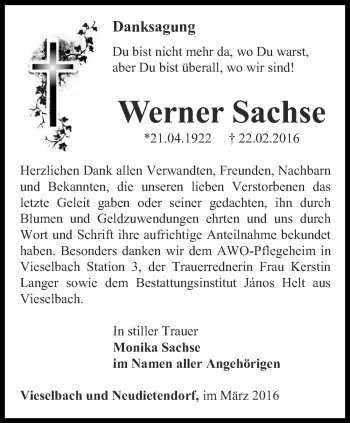 Traueranzeige von Werner Sachse von Thüringer Allgemeine, Thüringische Landeszeitung