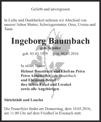 Traueranzeige von Ingeborg Baumbach von Thüringer Allgemeine, Thüringische Landeszeitung