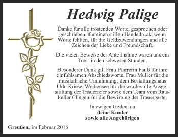 Traueranzeige von Hedwig Palige von Thüringer Allgemeine