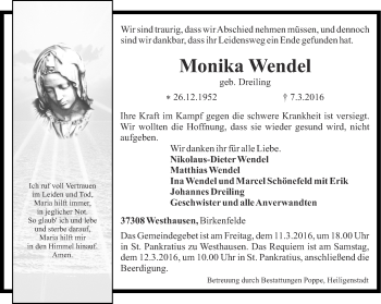 Traueranzeige von Monika Wendel von Thüringer Allgemeine