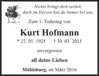 Traueranzeige von Kurt Hofmann von Thüringer Allgemeine, Thüringische Landeszeitung