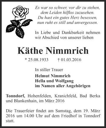 Traueranzeige von Käthe Nimmrich von Thüringer Allgemeine, Thüringische Landeszeitung