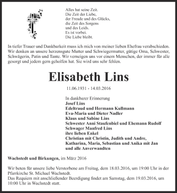 Traueranzeige von Elisabeth Lins von Thüringer Allgemeine