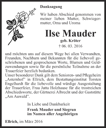 Traueranzeige von Ilse Mauder von Thüringer Allgemeine