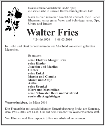 Traueranzeige von Walter Fries von Thüringer Allgemeine
