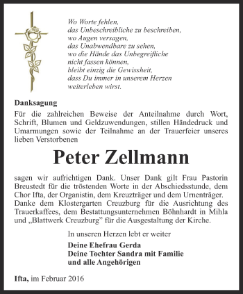 Traueranzeige von Peter Zellmann von Thüringer Allgemeine, Thüringische Landeszeitung