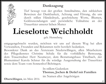 Traueranzeige von Lieselotte Weichholdt von Thüringer Allgemeine