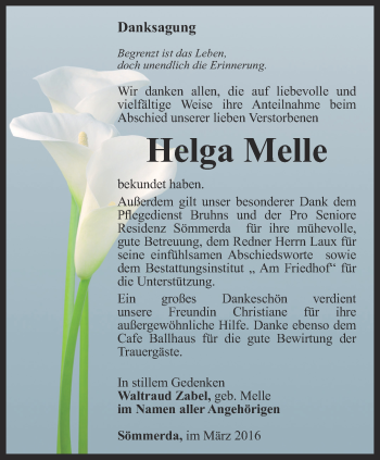 Traueranzeige von Helga Melle von Thüringer Allgemeine