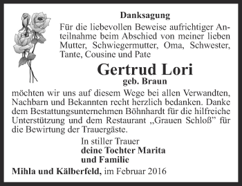Traueranzeige von Gertrud Lori von Thüringer Allgemeine, Thüringische Landeszeitung