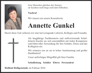 Traueranzeige von Annette Gunkel von Thüringer Allgemeine