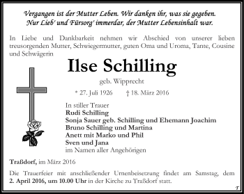 Traueranzeige von Ilse Schilling von Thüringer Allgemeine