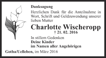 Traueranzeige von Charlotte Wischeropp von Ostthüringer Zeitung, Thüringische Landeszeitung