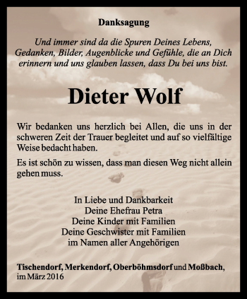 Traueranzeige von Dieter Wolf von Ostthüringer Zeitung