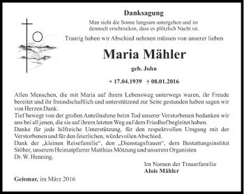 Traueranzeige von Maria Mähler von Thüringer Allgemeine