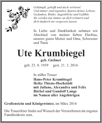 Traueranzeige von Ute Krumbiegel von Ostthüringer Zeitung