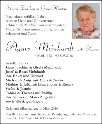 Traueranzeige von Agnes Meinhardt von Thüringer Allgemeine, Thüringische Landeszeitung