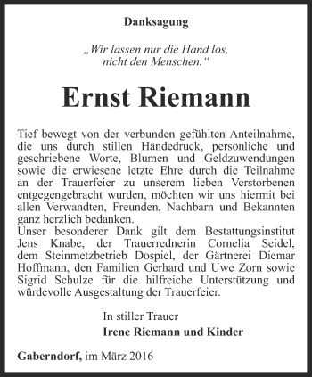 Traueranzeige von Ernst Riemann von Thüringer Allgemeine, Thüringische Landeszeitung