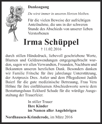 Traueranzeige von Irma Schüppel von Thüringer Allgemeine