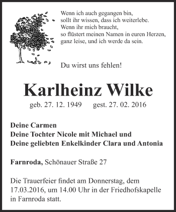 Traueranzeige von Karlheinz Wilke von Thüringer Allgemeine, Thüringische Landeszeitung