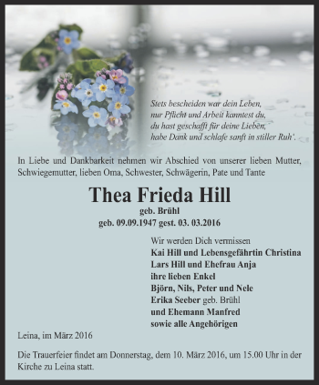 Traueranzeige von Thea Frieda Hill von Ostthüringer Zeitung, Thüringische Landeszeitung