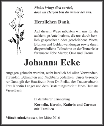 Traueranzeige von Johanna Ecke von Thüringer Allgemeine, Thüringische Landeszeitung