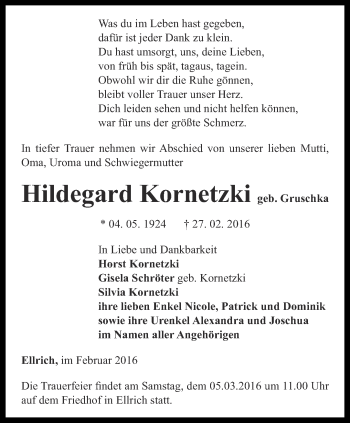 Traueranzeige von Hildegard Kornetzki von Thüringer Allgemeine