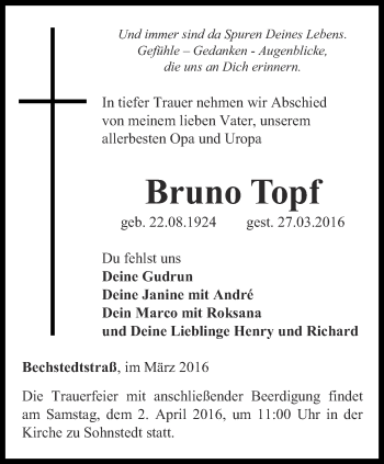 Traueranzeige von Bruno Topf von Thüringer Allgemeine, Thüringische Landeszeitung