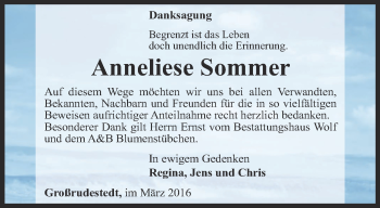 Traueranzeige von Anneliese Sommer von Thüringer Allgemeine, Thüringische Landeszeitung