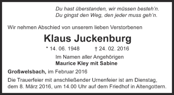 Traueranzeige von Klaus Juckenburg von Thüringer Allgemeine, Thüringische Landeszeitung