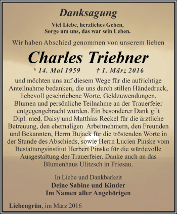 Traueranzeige von Charles Triebner von Ostthüringer Zeitung