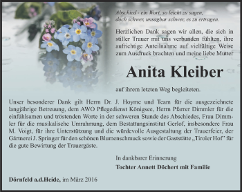 Traueranzeige von Anita Kleiber von Ostthüringer Zeitung